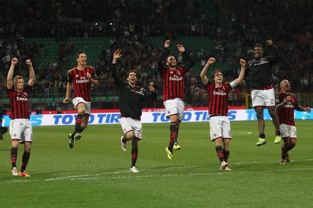 Schlussjubel AC Mailand u.a. mit Ignazio Abate, Kaka,Riccardo Montolivo, Kevin Constant, Nigel de Jong,- CAMPIONATO SERIE A 2013-14 MILAN-INTER 1-0