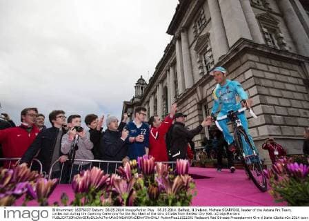 08.05.2014. Belfast, N.Ireland. Michele SCARPONI, leader of the Astana Pro Team, cycles out during the Opening Ceremony for the Big Start of the Giro d Italia from Belfast City Hall. xCraigxMercerx  ActionPlus11521091