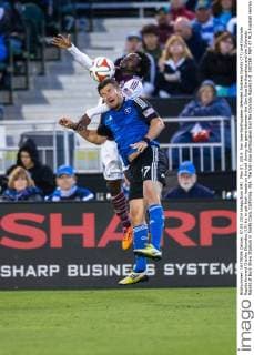 May 07, 2014: San Jose Earthquakes defender Andreas Gorlitz (77) and Colorado Rapids forward Charles Eloundou (19) try to get their heads on the ball during the game between the San Jose Earthquakes and the Colorado Rapids at Buck Shaw Stadium in Santa Clara, California, USA. The San Jose Earthquakes tied the Colorado Rapids 0-0. SOCCER: MAY 07 MLS Fussball Herren USA - Rapids at Earthquakes Icon20140507018 EDITORIAL USE ONLY