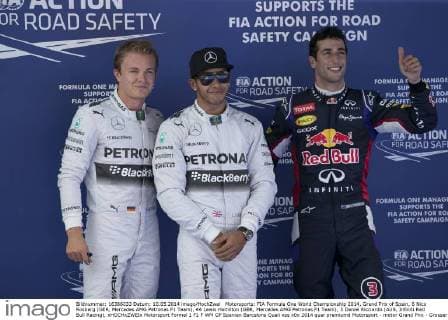 Motorsports: FIA Formula One World Championship 2014, Grand Prix of Spain, 6 Nico Rosberg (GER, Mercedes AMG Petronas F1 Team), 44 Lewis Hamilton (GBR, Mercedes AMG Petronas F1 Team), 3 Daniel Ricciardo (AUS, Infiniti Red Bull Racing), xHOCHxZWEIx
