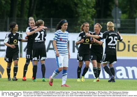 Frauen-Bundesliga, 19. Spieltag: 1. FFC Frankfurt - MSV Duisburg am Sonntag (11.05.2014) im Stadion am Brentanobad in Frankfurt am Main. Jubel nach 1:0 durch Simone Laudehr (1. FFC Frankfurt).