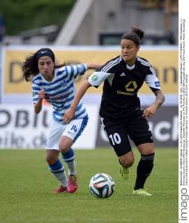 11.05.2014, xjhx, 1.Bundesliga Frauen, 1.FFC Frankfurt - MSV Duisburg, v.l. Doloroes Jacomo Silva (MSV Duisburg), Dzsenifer Marozsan (1.FFC Frankfurt)