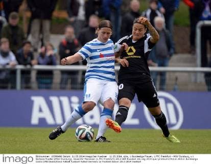 11.05.2014, xjhx, 1.Bundesliga Frauen, 1.FFC Frankfurt - MSV Duisburg, v.l. Barbara Mueller (MSV Duisburg), Dzsenifer Marozsan (1.FFC Frankfurt)