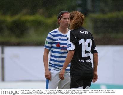 11.05.2014, xjhx, 1.Bundesliga Frauen, 1.FFC Frankfurt - MSV Duisburg, v.l. Marina Himmighofen (MSV Duisburg), Fatmire Alushi (1.FFC Frankfurt)
