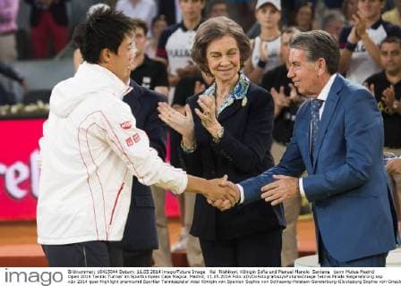 Kei Nishikori, Königin Sofia und Manuel Manolo Santana beim Mutua Madrid Open 2014 Tennis Turnier im Sportkomplex Caja Magica. Madrid, 11.05.2014 Foto:xDyDxFotografosx xFuturexImage