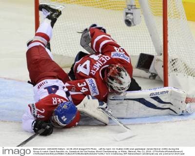 Left to right: Jiri Hudler (CZE) and goalkeeper James Reimer (CAN) during the Group A match Czech Republic vs. Canada at the Ice Hockey World Championship, in Minsk, Belarus, May 12, 2014. (CTKxPhotoxMichalxKamaryt) CTKPhotoOF201405121040601  kmt 5