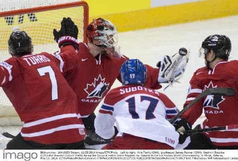 Left to right: Kyle Turris (CAN), goalkeeper James Reimer (CAN), Vladimir Sobotka (CZE) and Braydon Coburn (CAN) during the Group A match Czech Republic vs. Canada at the Ice Hockey World Championship, in Minsk, Belarus, May 12, 2014. (CTKxPhotoxMichalxKamaryt) CTKPhotoOF201405121127101  kmt 7