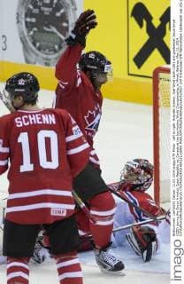 Left to right: Brayden Schenn, Joel Ward (both CAN) and goalkeeper Jakub Kovar (CZE) during the Group A match Czech Republic vs. Canada at the Ice Hockey World Championship, in Minsk, Belarus, May 12, 2014. (CTKxPhotoxMichalxKamaryt) CTKPhotoOF201405121126901  kmt 9