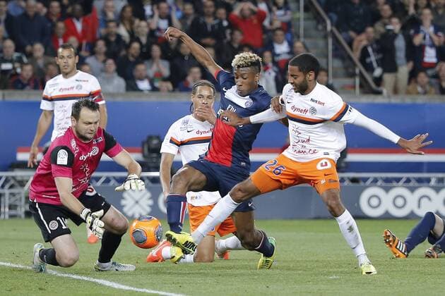 Kingsley Coman (psg), Geoffrey JOURDREN (Montpellier), Yassine JEBBOUR (Montpellier) FOOTBALL : Paris st Germain vs Montpellier - Ligue 1 - 17 05 2014 StephaneAllaman Panoramic 