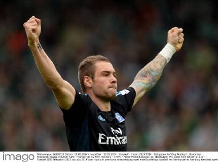 18.05.2014 - Fussball - Saison 2013 2014 - Relegation Aufstieg Abstieg 1. Bundesliga - Rückspiel: SpVgg Greuther Fürth - Hamburger SV HSV Hamburg - MiWi - Pierre-Michel Lasogga (20, Hamburger SV) jubelt nach seinem 0:1 Tor