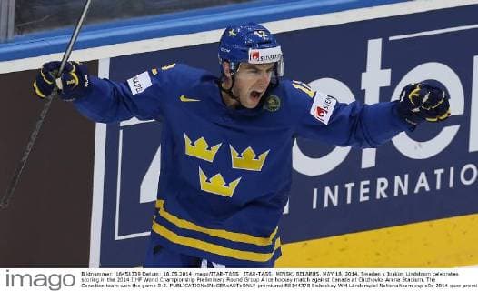 ITAR-TASS: MINSK, BELARUS. MAY 18, 2014. Sweden s Joakim Lindstrom celebrates scoring in the 2014 IIHF World Championship Preliminary Round Group A ice hockey match against Canada at Chizhovka Arena Stadium. The Canadian team won the game 3:2.  premiumd RE144378