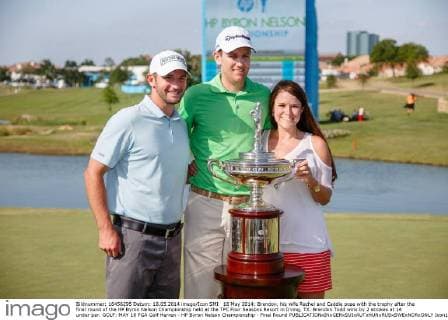 18 May 2014: Brendon, his wife Rachel and Caddie pose with the trophy after the final round of the HP Byron Nelson Championship held at the TPC Four Seasons Resort in Irving, TX. Brendon Todd wins by 2 strokes at 14 under par. GOLF: MAY 18 PGA Golf Herren - HP Byron Nelson Championship - Final Round Icon140518813 EDITORIAL USE ONLY