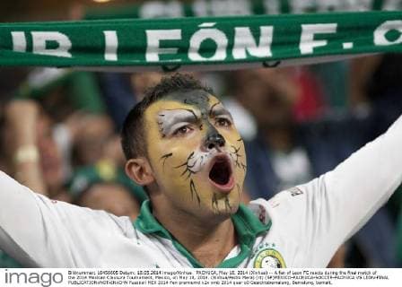 PACHUCA, May 18, 2014 (Xinhua) -- A fan of Leon FC reacts during the final match of the 2014 Mexican Clausura Tournament, Mexico, on May 18, 2014. (Xinhua Pedro Mera) (rt) (SP)MEXICO-PACHUCA-SOCCER-PACHUCA VS LEON-FINAL 