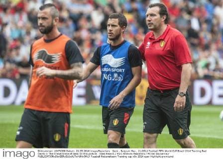 Genk , Belgium May , 21 2014 Football FIFA World CUP Brazil 2014 Training Red Devils in The Cristal Arena of Genk On this picture : Eden Hazard Marc Wilmots Reporters Michel Gouverneur 