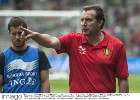Genk , Belgium May , 21 2014 Football FIFA World CUP Brazil 2014 Training Red Devils in The Cristal Arena of Genk On this picture : Eden Hazard Marc Wilmots Reporters Michel Gouverneur 