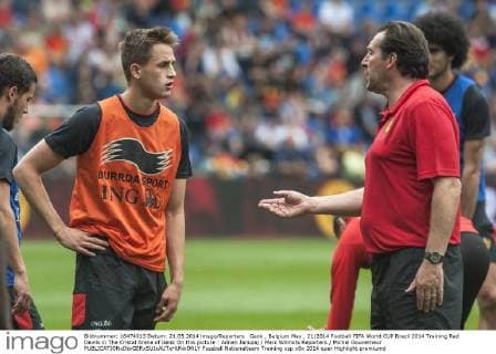 Genk , Belgium May , 21 2014 Football FIFA World CUP Brazil 2014 Training Red Devils in The Cristal Arena of Genk On this picture : Adnan Januzaj Marc Wilmots Reporters Michel Gouverneur 