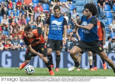 Genk , Belgium May , 21 2014 Football FIFA World CUP Brazil 2014 Training Red Devils in The Cristal Arena of Genk On this picture : Adnan Januzaj Marouane Fellaini Reporters Michel Gouverneur 