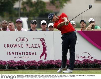 May 23, 2014 - Fort Worth, TX, USA - Adam Scott tees off at the 18th hole during the second round of the Crowne Plaza Invitational at Colonial in Fort Worth, Texas, Friday, May 23, 2014. PGA - ZUMAm67