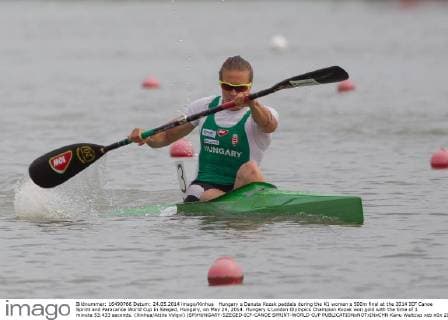 Hungary s Danuta Kozak paddels during the K1 women s 500m final at the 2014 ICF Canoe Sprint and Paracanoe World Cup in Szeged, Hungary, on May 24, 2014. Hungary s London Olympics Champion Kozak won gold with the time of 1 minute 53.433 seconds. (Xinhua Attila Volgyi) (SP)HUNGARY-SZEGED-ICF-CANOE SPRINT-WORLD CUP 
