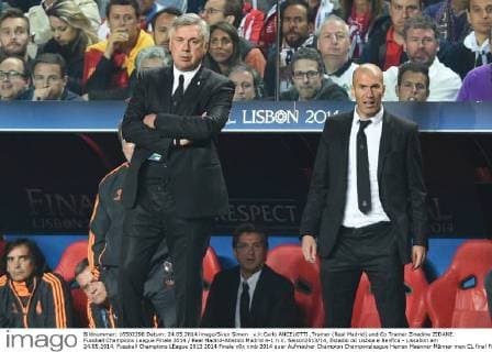 v.li:Carlo ANCELOTTI ,Trainer (Real Madrid) und Co Trainer Zinedine ZIDANE. Fussball Champions League Finale 2014 Real Madrid-Atletico Madrid 4-1 n.V. Saison2013 14, Estadio do Lisboa e Benfica - Lissabon am 24.05.2014.
