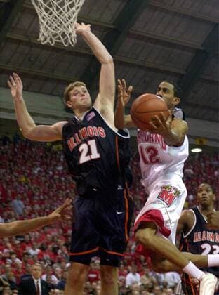 Nov. 27, 2001 - U.S. - KRT SPORTS STORY SLUGGED: ILLINOIS-MARYLAND KRT PHOTOGRAPH BY STEVE DESLICH (November 27) COLLEGE PARK, MD - Maryland s Drew Nicholas (12) drives to the basket as he is defended by Illinois Robert Archibald (21) in the second half of Tuesday night s game, November 27, 2001, in College Park, Maryland. The Terrapins beat the the Fighting Illini 76-63 in the Big 10-ACC Shootout. (KRT) NC KD BL 2001 (Horiz) (Digital image) (smd) News Archive - Nov. 27, 2001 - ZUMAm67
