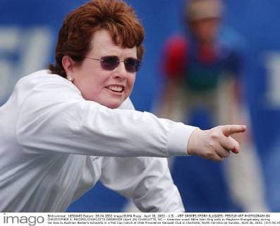 April 28, 2002 - U.S. - KRT SPORTS STORY SLUGGED: FEDCUP KRT PHOTOGRAPH BY CHRISTOPHER A. RECORD CHARLOTTE OBSERVER (April 28) CHARLOTTE, NC -- American coach Billie Jean King yells to Meghann Shaughnessy during her loss to Austrian Barbara Schwartz in a Fed Cup match at Olde Providence Racquet Club in Charlotte, North Carolina on Sunday, April 28, 2002. (CH) NC KD 2002 (Horiz) (mvw) News Archive - April 28, 2002 - ZUMAm67