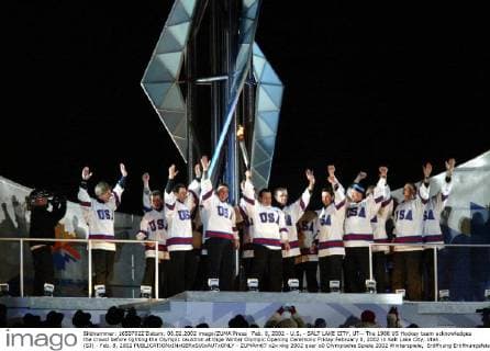 Feb. 8, 2002 - U.S. - SALT LAKE CITY, UT-- The 1980 US Hockey team acknowledges the crowd before lighting the Olympic cauldron at thge Winter Olympic Opening Ceremony Friday February 8, 2002 in Salt Lake City, Utah. (SJ) - Feb. 8, 2002 - ZUMAm67