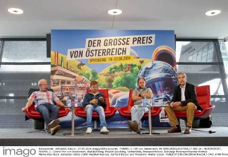 FORMEL 1 - GP von Oesterreich, PK SPIELBERG,AUSTRIA,27.MAI.14 - MOTORSPORT, FORMEL 1 - Grand Prix von Oesterreich, Red Bull Ring, Projekt Spielberg, Vorberichte, Pressekonferenz. Bild zeigt Motorsportberater Helmut Marko (Red Bull), Sebastian Vettel (GER Red Bull Racing), Gerhard Berger und Moderator Walter Zipser. CW3_4798