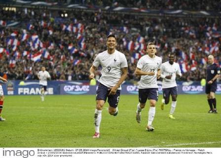 Olivier Giroud (Fra) Lucas Digne (Fra) FOOTBALL : France vs Norvege - Match Amical - 27 05 2014 GwendolineLeGoff Panoramic 