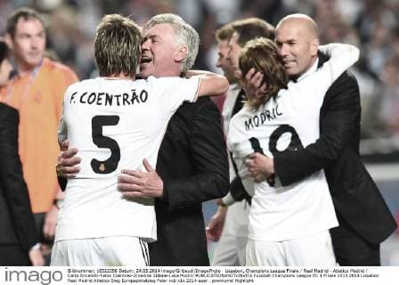 Lissabon, Champions League Finale Real Madrid - Atletico Madrid Carlo Ancelotti-Fabio Coentrao-Zinedine Zidane-Luka Modric 