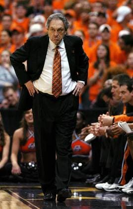 April 3, 2004 - U.S. - KRT SPORTS STORY SLUGGED: BKC-OKLAHOMAST-GATECH KRT PHOTOGRAPH BY KARL MONDON CONTRA COSTA TIMES (April 3) SAN ANTONIO, TX - Oklahoma State coach Eddie Sutton looks on from the bench during first half of the Cowboys NCAA College League USA Final Four semifinal game against the Yellow Jackets at the Alamodome, in San Antonio, Texas, Saturday, April 3, 2004. (smd) 2004 News Archive - April 3, 2004 - ZUMAm67