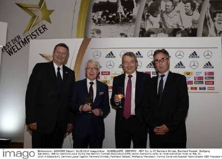 DÜSSELDORF, GERMANY - MAY 31: (L-R) Reinhard Grindel, Reinhard Rauball, Wolfgang Niersbach, Helmut Sandrock pose during the German Football Association (DFB) world champions party at Intercontinental Hotel on May 31, 2014 in Düsseldorf, Germany.Local Caption Reinhard Grindel; Reinhard Rauball; Wolfgang Niersbach; Helmut Sandrock