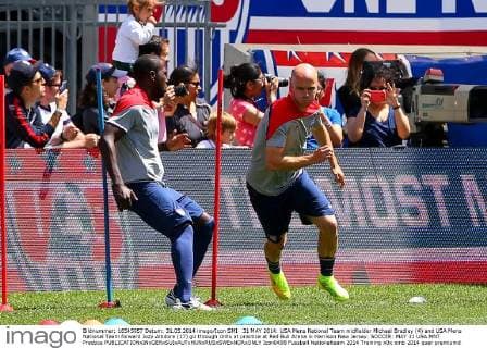 31 MAY 2014: USA Mens National Team midfielder Michael Bradley (4) and USA Mens National Team forward Jozy Altidore (17) go through drills at practice at Red Bull Arena in Harrison New Jersey. SOCCER: MAY 31 USA MNT Practice Icon0498 EDITORIAL USE ONLY