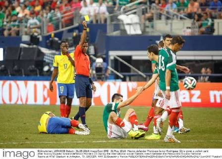 31 May 2014: Mexico defender Francisco Javier Rodriguez (2) is given a yellow card after fouling Ecuador forward Jefferson Montero (7) during the international soccer friendly match between the Mexico and Ecuador National Teams at AT&T Stadium in Arlington, TX. SOCCER: MAY 31 Ecuador v Mexico Icon0487 EDITORIAL USE ONLY