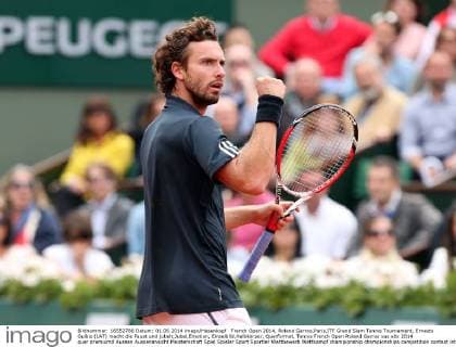 French Open 2014, Roland Garros,Paris,ITF Grand Slam Tennis Tournament, Ernests Gulbis (LAT) macht die Faust und jubelt,Jubel,Emotion, Einzelbild,Halbkörper, Querformat,