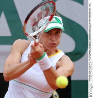 Andrea Petkovic of Germany hits a shot during her French Open women s fourth round match at Roland Garros in Paris on June 2, 2014.  PAR20140602714