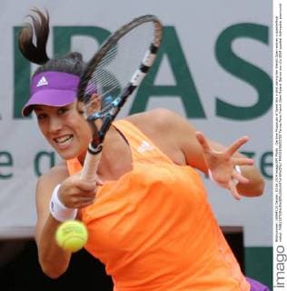 Garbine Muguruza of Spain hits a shot during her French Open women s quarterfinal match  PAR20140603705
