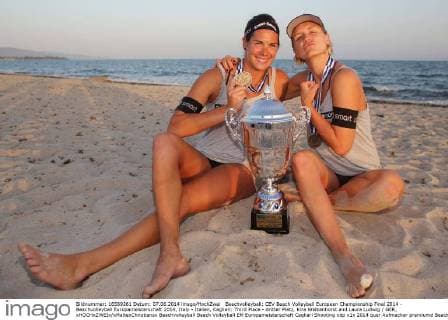 Beachvolleyball: CEV Beach Volleyball European Championship Final 2014 - Beachvolleyball Europameisterschaft 2014, Italy - Italien, Cagliari: Third Place - dritter Platz, Kira Walkenhorst and Laura Ludwig GER, xHOCHxZWEIx xMaltexChristiansx