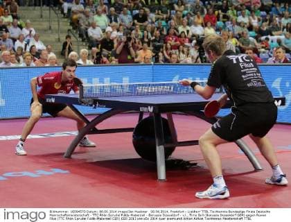 08.06.2014, Frankfurt - Liebherr TTBL Tischtennis-Bundesliga Finale Deutsche Mannschaftsmeisterschaft - TTC Rhön Sprudel Fulda-Maberzell - Borussia Düsseldorf - v.l., Timo Boll (Borussia Düsseldorf GER) gegen Ruwen Filus (TTC Rhön Sprudel Fulda-Maberzell GER)