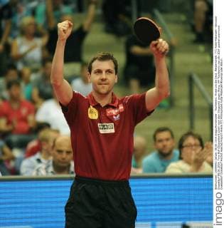 Tischtennis: Finale um die Deut. Meisterschaft: TTC Fulda-Maberzell - Borussia Düsseldorf 08.06.2014. Timo Boll (Düsseldorf) jubelt nach dem Siegpunkt gegen Wang. HM