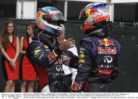 Motorsports: FIA Formula One World Championship 2014, Grand Prix of Canada, 1 Sebastian Vettel (GER, Infiniti Red Bull Racing), 3 Daniel Ricciardo (AUS, Infiniti Red Bull Racing), xHOCHxZWEIx