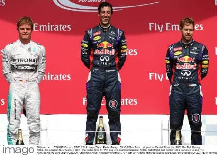 08.06.2014- Race, 1st position Daniel Ricciardo (AUS) Red Bull Racing RB10, 2nd position Nico Rosberg (GER) Mercedes AMG F1 W05 and 3rd position Sebastian Vettel (GER) Red Bull Racing RB10 Canadian Grand Prix, Montreal 05-08 June 2014 