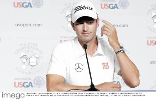 Adam Scott speaks to the media at the 114th U.S. Open at Pinehurst No. 2 in Pinehurst North Carolina on June 11, 2014.  PIN20140611102