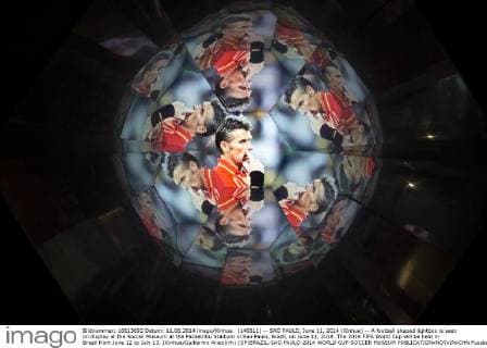 (140611) -- SAO PAULO, June 11, 2014 (Xinhua) -- A football shaped lightbox is seen on display at the Soccer Museum at the Pacaembu Stadium in Sao Paulo, Brazil, on June 11, 2014. The 2014 FIFA World Cup will be held in Brazil from June 12 to July 13. (Xinhua Guillermo Arias)(rh) (SP)BRAZIL-SAO PAULO-2014 WORLD CUP-SOCCER MUSEUM 