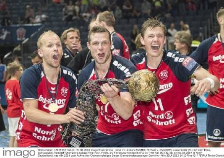 Jubel v.l. Anders EGGERT, Michael V. KNUDSEN, Lasse SVAN (FL) mit dem Pokal, Schlussjubel, Handball Champions League Final Four, Finale, SG Flensburg-Handewitt (FL) vs THW Kiel (KI) 30:28, am 01.06.2014 in Köln Deutschland.
