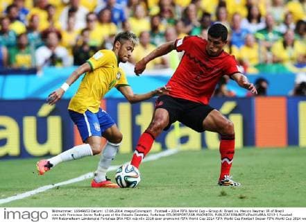Football - 2014 FIFA World Cup - Group A: Brazil vs. Mexico Neymar JR of Brazil vies with Francisco Javier Rodriguez at the Estadio Castelao, Fortaleza COLORSPORT IAN MACNICOL  5213-1