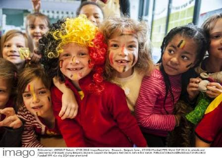 Brussels , Belgium June , 17 2014 Football FIFA World CUP 2014 In schools and classrooms of Brussels young Belgians students support the Belgians Red Devils before the match. 