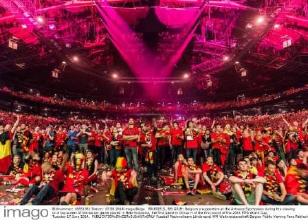 BRUSSELS, BELGIUM: Belgium s supporters at the Antwerp Sportpaleis during the viewing on a big screen of the soccer game played in Belo Horizonte, the first game in Group H of the first round of the 2014 FIFA World Cup, Tuesday 17 June 2014. 