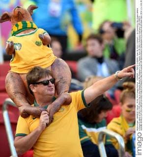 (140618) -- PORTO ALEGRE, June 18, 2014 (Xinhua) -- An Australia s fan cheers before a Group B match of 2014 FIFA World Cup at the Estadio Beira-Rio Stadium in Porto Alegre, June 18, 2014.(Xinhua Li Ga)(pcy) (SP) PORTO ALEGRE-WORLD CUP 2014-GROUP B-FANS 