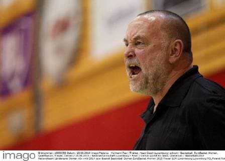 Hermann Paar (Trainer, Head Coach Luxemburg) schreit Basketball, EuroBasket Women, Qualifikation, Frauen, Damen 18.06.2014 Nationalmannschaft Luxemburg - Polen Centre sportif am Sand, Oberanven
